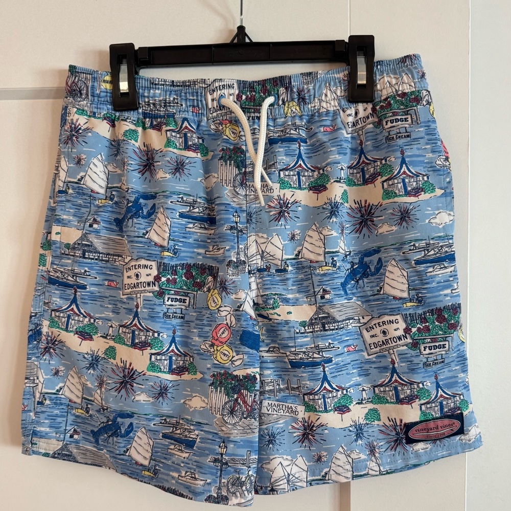 Boy’s Vineyard Vines Blue Nautical Print Swim Trunks - Size M